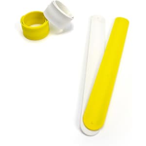 A yellow and white silicone slap bracelet with a matching silicone band beside it. The bracelet has a smooth finish.