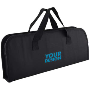 A black carry bag with handles, featuring a logo design, suitable for storing BBQ tools.