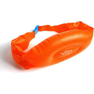 An orange inflatable swimming belt with a blue adjustable strap and a logo on the side.