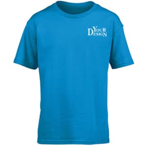 A youth round neck T-shirt in bright blue with a logo on the front.