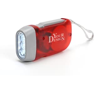 A red and grey hand pressure LED flashlight with a keychain loop and a logo.