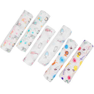A collection of six cotton muslin baby swaddle blankets featuring various playful patterns and colours.