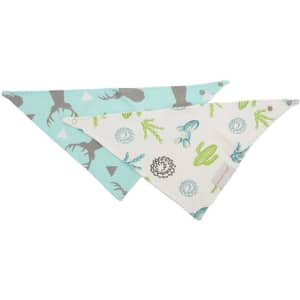 A cotton double layered baby bib featuring a teal and white design with various patterns and a logo.