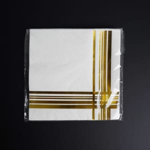 A pack of gold foil stamped napkins featuring a white background with metallic gold striped patterns.