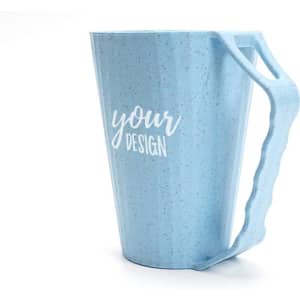 A wheat fibre mouthwash cup in light blue with a slot handle and a branding logo.