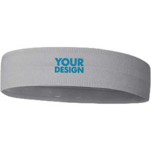 A grey elastic sports headband featuring a logo or branding in blue. Suitable for headwear categories.