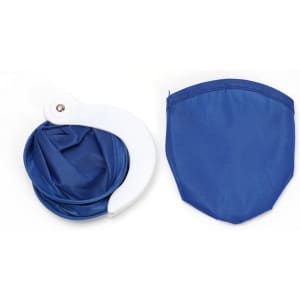 A custom nylon folding fan in blue, featuring a white handle and a matching storage pouch.