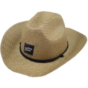 A wide-brim straw cowboy hat in a light tan colour, featuring a decorative black band and a branding label.