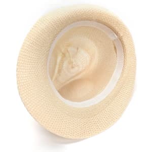 A wide-brimmed, beige Panama hat with a woven design and an inner lining, featuring a logo inside.