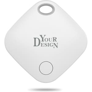 A white key finder device featuring a circular button and a decorative hole for attachment, with a logo on the surface.