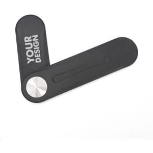 A black laptop swivel phone holder with a silver button and a customisable surface for personal design.