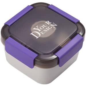 A small square lunch container with a transparent lid and purple clips, featuring a logo.