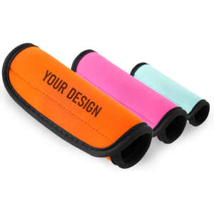 Custom neoprene luggage grips in orange, pink, and teal, featuring a logo.