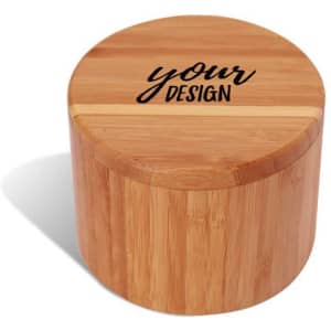 A round bamboo salt storage box with a fitted lid and a black logo on top.