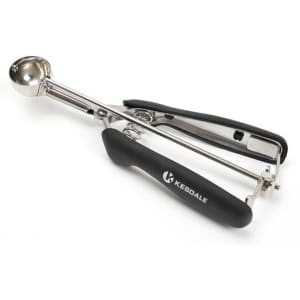 A stainless steel ice cream scoop with a black handle and a branding logo. It has a lever for easy use.