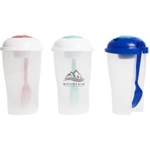 A drink bottle set consisting of three clear shakers with white lids, featuring pink, green, and blue accents and utensils.