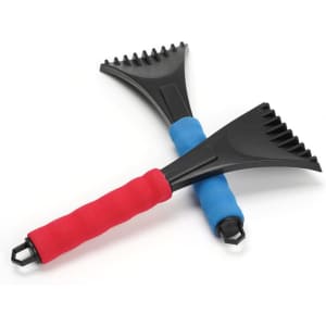 Two ice scrapers with foam handles, one red and one blue, featuring black scraping edges and a metal loop for keys.