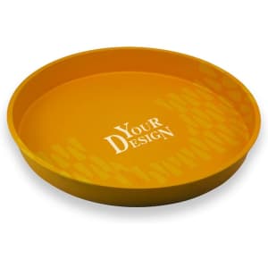 A round, yellow non-slip tinplate tray with a logo and a textured interior pattern.