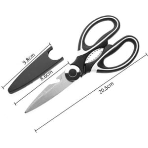 A pair of multifunctional food scissors in black and silver, with a protective cover, measuring 20.5 cm in length.