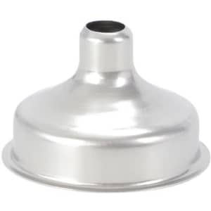 A stainless steel funnel with a wide base and narrow spout, featuring a sleek metallic finish.