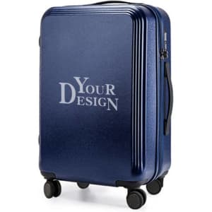 A 28-inch zippered trolley suitcase in navy blue with a logo on the front and four wheels for easy transport.