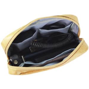 A gold waterproof cosmetic bag with various compartments housing hair tools and accessories. Features a branding logo.