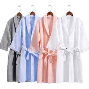 Five pure cotton waffle bathrobes in grey, light blue, peach, and white, all featuring a belt and pockets.