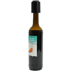 A drink bottle with a brown glass body and a black wine stopper featuring a time scale.