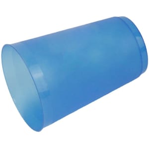 A frosted blue plastic cup with a smooth finish and a cylindrical shape, featuring a logo.