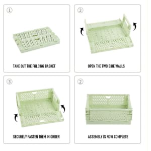 A light green folding plastic storage basket with instructions for assembly, showing various assembly steps.