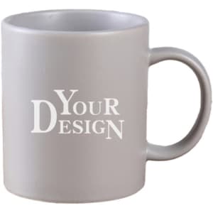 A grey ceramic coffee mug with a handle featuring a customisable design area and a logo.