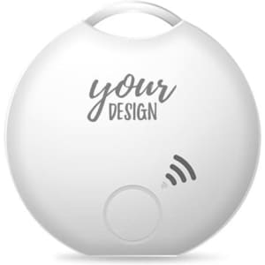 A white circular wireless positioning tracker with a handle and a logo.
