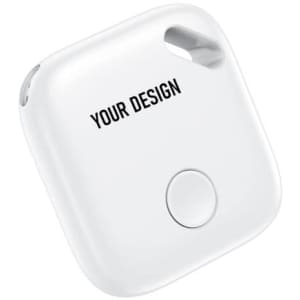 A white Smart Wireless GPS Tracker featuring a circular button and area for custom design.