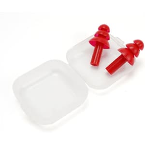Red reusable silicone swimming earplugs displayed in a clear case. The earplugs have a unique design.