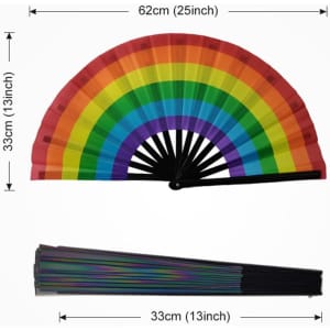 A vibrant rainbow-coloured hand fan with a black handle, measuring 62 cm when open and 33 cm when closed.