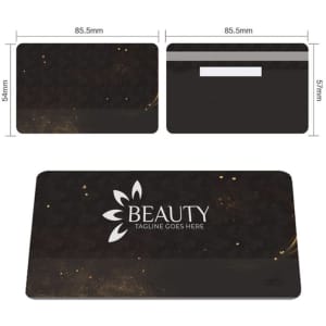 A custom magnetic stripe card in black with a logo and gold accents, featuring dimensions displayed.