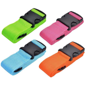 A set of four custom luggage straps in green, blue, pink, and orange, featuring adjustable buckles and branding.