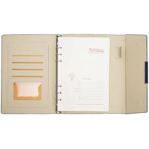 A5 business leather tri-fold loose leaf notebook in beige, featuring rings for loose-leaf pages and a card slot.
