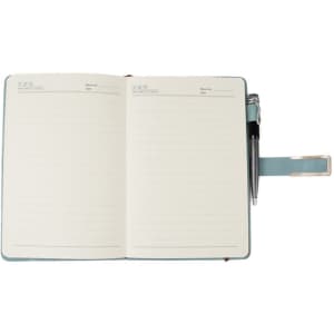A5 notebook with a metal rim magnetic buckle, featuring lined pages and a pen tucked in a blue cover.