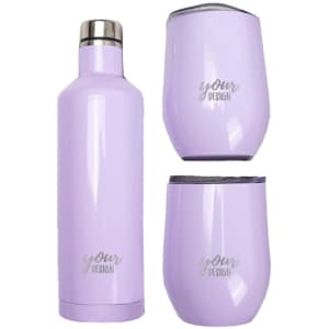 A drink bottle and two tumblers in a pastel purple finish, featuring a logo on the surface.