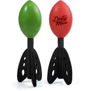 Two air rocket toys, one green and one red, with black launching fins and a logo on the red rocket.