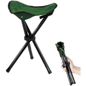 A green portable triangle folding fishing chair with black legs. Also shown is a hand holding its folded form.