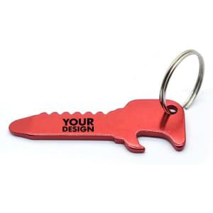 A drink bottle opener shaped like a key, in red, with a metal keyring attachment and a logo.