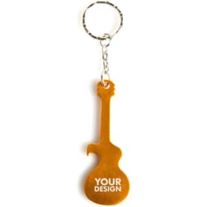 A drink bottle opener keychain shaped like a guitar, in a shiny gold colour, featuring a logo or branding.