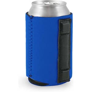 A blue neoprene can cooler with a black holder, designed for 11 oz cans, featuring a stitched seam and branding.