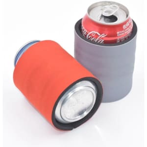 A neoprene slap wrap can cooler in orange and grey, designed to fit standard drink cans. Features a logo.