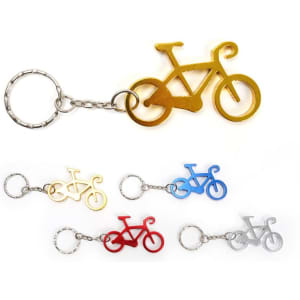 A drink bottle opener keychain shaped like a bicycle, available in gold, blue, red, silver, and additional colours.