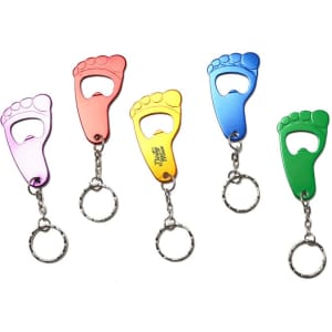A drink bottle opener keychain in the shape of a foot, available in pink, orange, yellow, and green with a keyring.