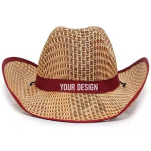 A custom shapeable cowboy straw hat with a woven design and a burgundy band for personalisation.