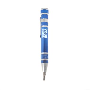 A blue multi-functional screwdriver with a silver tip and a clip, featuring a branding area.